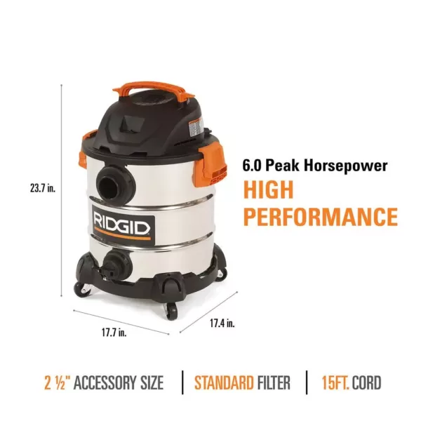 RIDGID 10 Gal. 6.0-Peak HP Stainless Steel Wet/Dry Shop Vacuum with Filter, Hose and Accessories