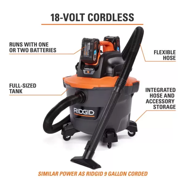 RIDGID 9 Gal. Cordless Wet/Dry Shop Vacuum with Two 18-Volt OCTANE 3.0 Ah Lithium-Ion Batteries and Charger