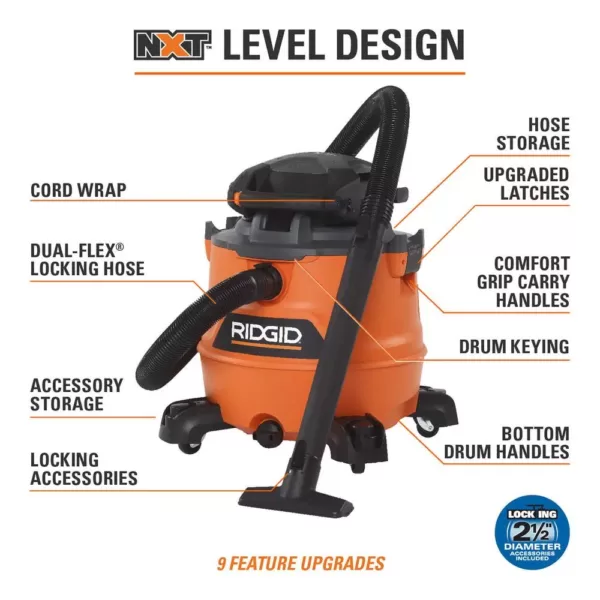 RIDGID 16 Gal. 6.5-Peak HP NXT Wet/Dry Shop Vacuum with Detachable Blower, Filter, 7 ft. Hose, 20 ft. Hose and Accessories