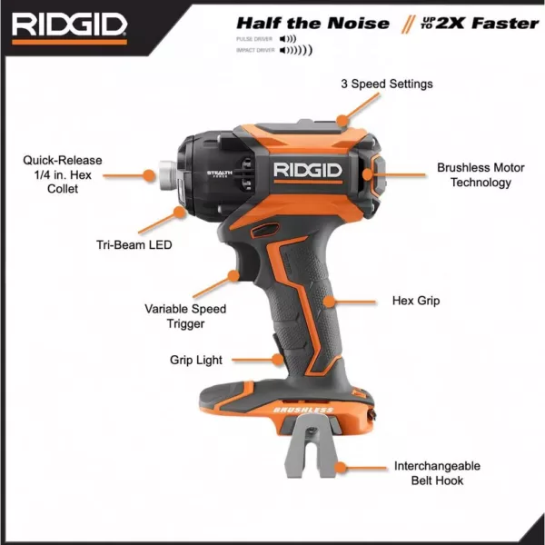 RIDGID 18-Volt Lithium-Ion Brushless Cordless 1/4 in. 3-Speed STEALTH FORCE Impact Driver (Tool Only)