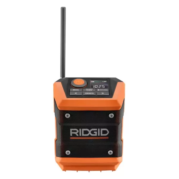 RIDGID 18-Volt Cordless Mini Bluetooth Radio with Radio App, 2.0 Ah Lithium-Ion Battery, and Charger