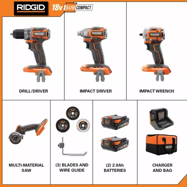 RIDGID 18V SubCompact Lithium-Ion Brushless 2-Tool Combo Kit with 3/8 in. Impact Wrench and 3 in. Multi-Material Saw