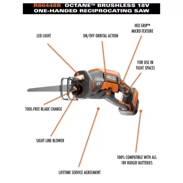 RIDGID 18-Volt OCTANE Cordless Brushless One-Handed Reciprocating Saw Kit with (1) OCTANE Bluetooth 3.0 Ah Battery and Charger