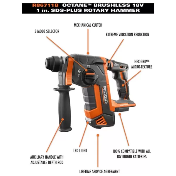 RIDGID 18-Volt OCTANE Cordless Brushless 1 in. SDS-Plus Rotary Hammer (Tool Only)