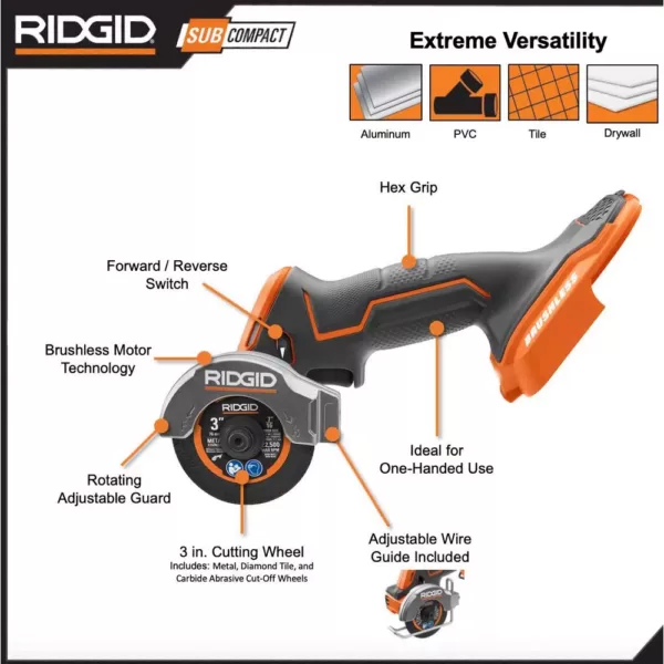 RIDGID 18-Volt SubCompact Lithium-Ion Cordless Brushless 3 in. Multi-Material Saw (Tool Only) with (3) Cutting Wheels