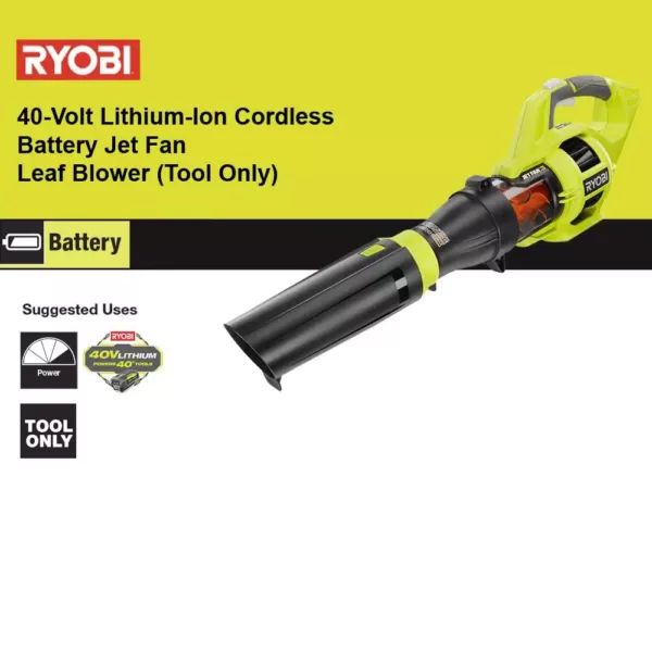 RYOBI 110 MPH 480 CFM Variable-Speed Turbo 40-Volt Lithium-ion Cordless Battery Jet Fan Leaf Blower (Tool Only)