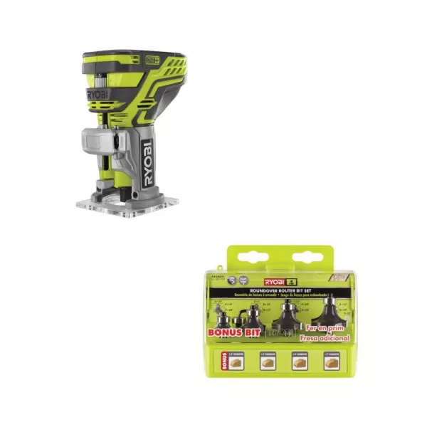 RYOBI 18-Volt ONE+ Cordless Fixed Base Trim Router with Roundover Router Bit Set (4-Piece)