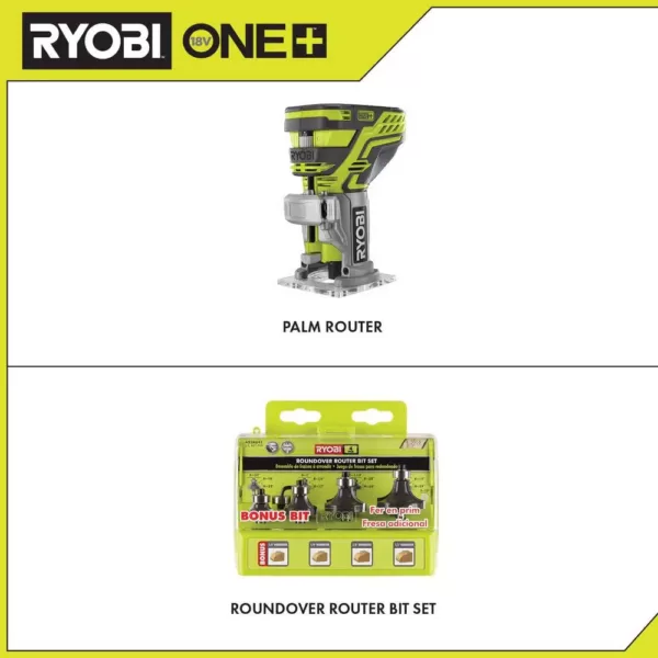 RYOBI 18-Volt ONE+ Cordless Fixed Base Trim Router with Roundover Router Bit Set (4-Piece)