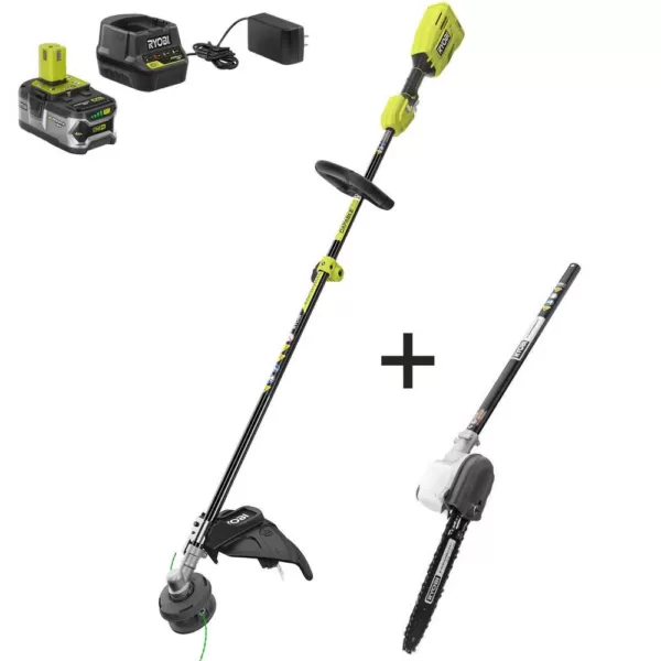 RYOBI ONE+ 18-Volt Cordless Attachment Capable Brushless String Trimmer and Pruner, 4.0 Ah Battery and Charger Included