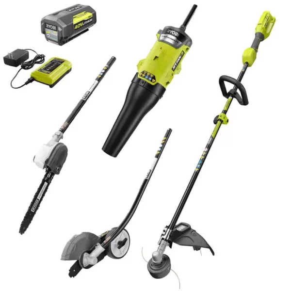 RYOBI 40-Volt X Lithium-Ion Expand-It Kit with String Trimmer/Edger/Pole Saw/Blower, 4.0 Ah Battery and Charger Included