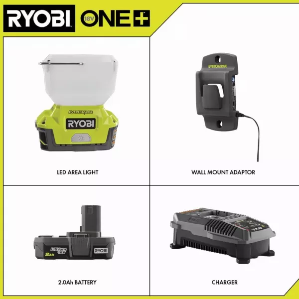 RYOBI 18-Volt ONE+ Cordless EVERCHARGE LED Area Light and Wall Mount Adaptor Charger with 2.0 Ah Battery and Charger Kit