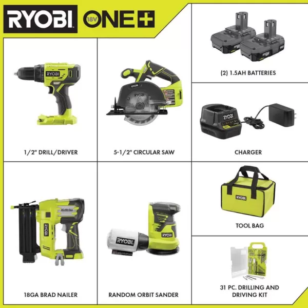 RYOBI 18-Volt ONE+ Lithium-Ion Cordless 4-Tool Combo Kit with 31-Piece Bit Set, (2) 1.5 Ah Batteries, Charger and Bag