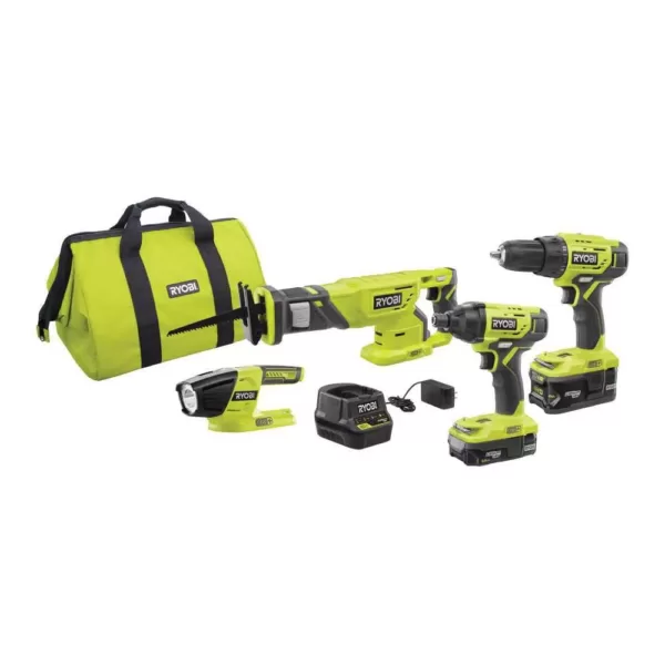 RYOBI 18-Volt ONE+ Cordless 4-Tool Combo Kit w/ (2) Batteries, Charger & Bag w/ BONUS Impact Rated Driving Kit (70-Piece)