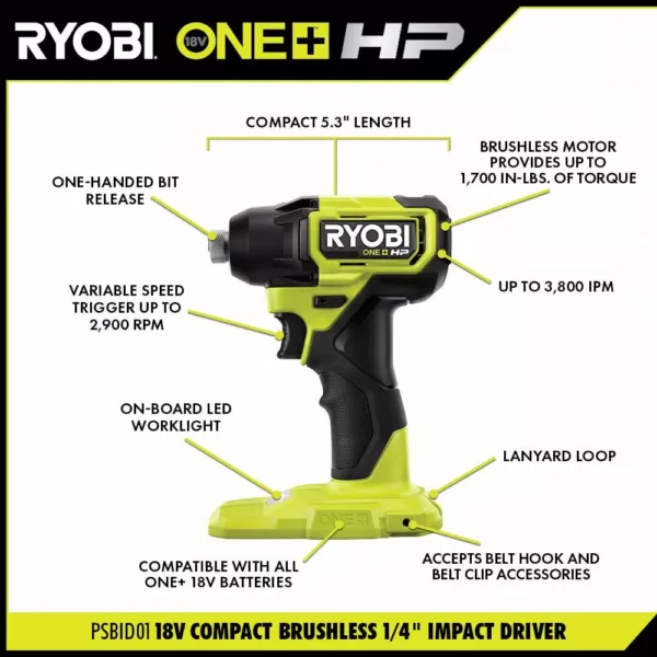 RYOBI ONE+ HP 18V Brushless Cordless Compact 1/2 in. Drill/Driver, Impact Driver, Impact Wrench, (2) Batteries, Charger