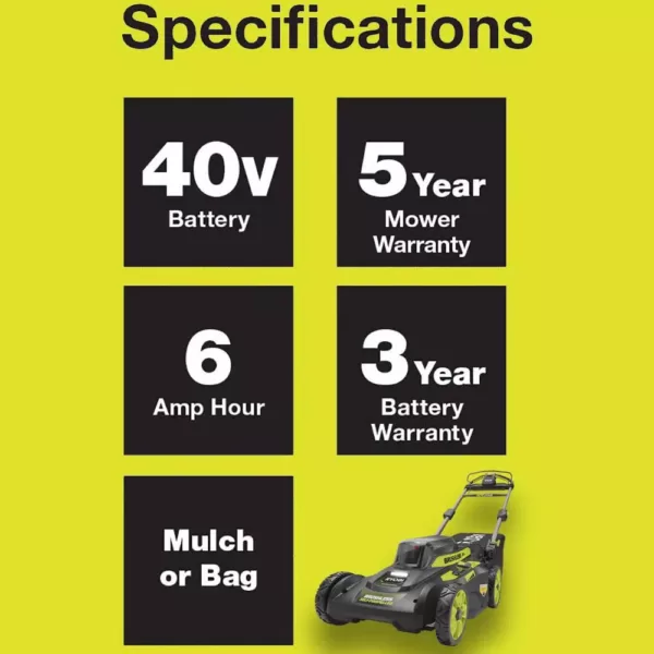 RYOBI 20 in. 40-Volt Brushless Lithium-Ion Cordless Self-Propelled Walk Behind Lawn Mower & Blower w/ 6.0 Ah Battery & Charger